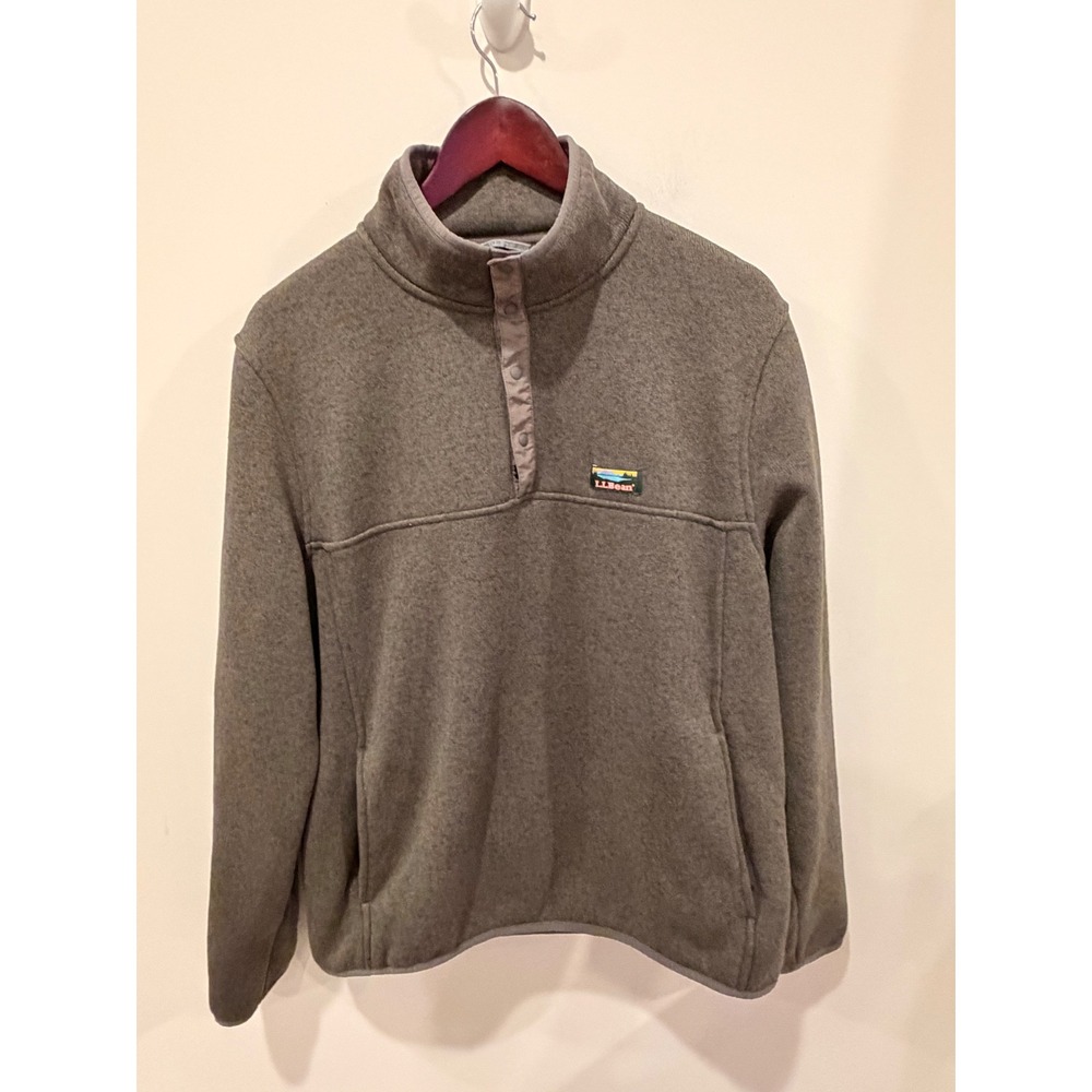 LL Bean Mens Sweater Fleece Pullover Brown Snap Neck 298050 Large Regular EUC